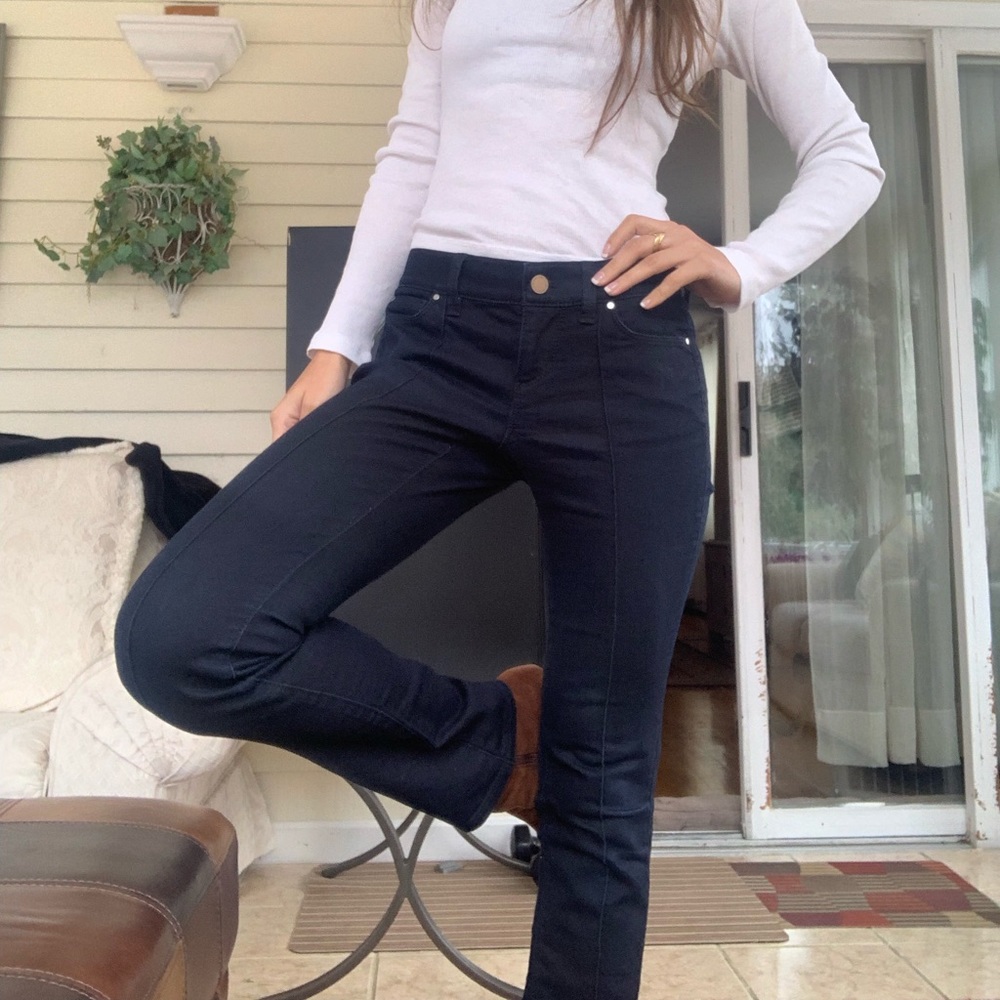 Ann Taylor petite flare ankle denim navy blue